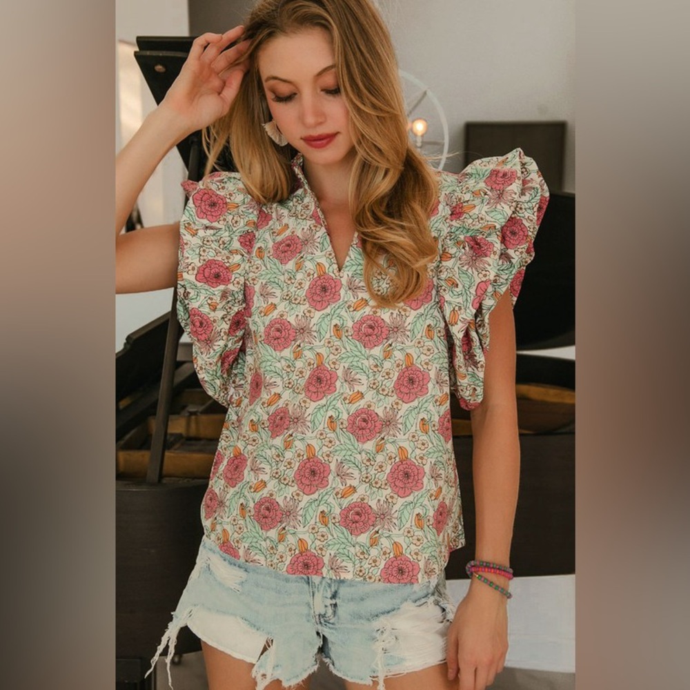Pastel multicolor floral poplin puff ruffle sleeve boho tunic top blouse